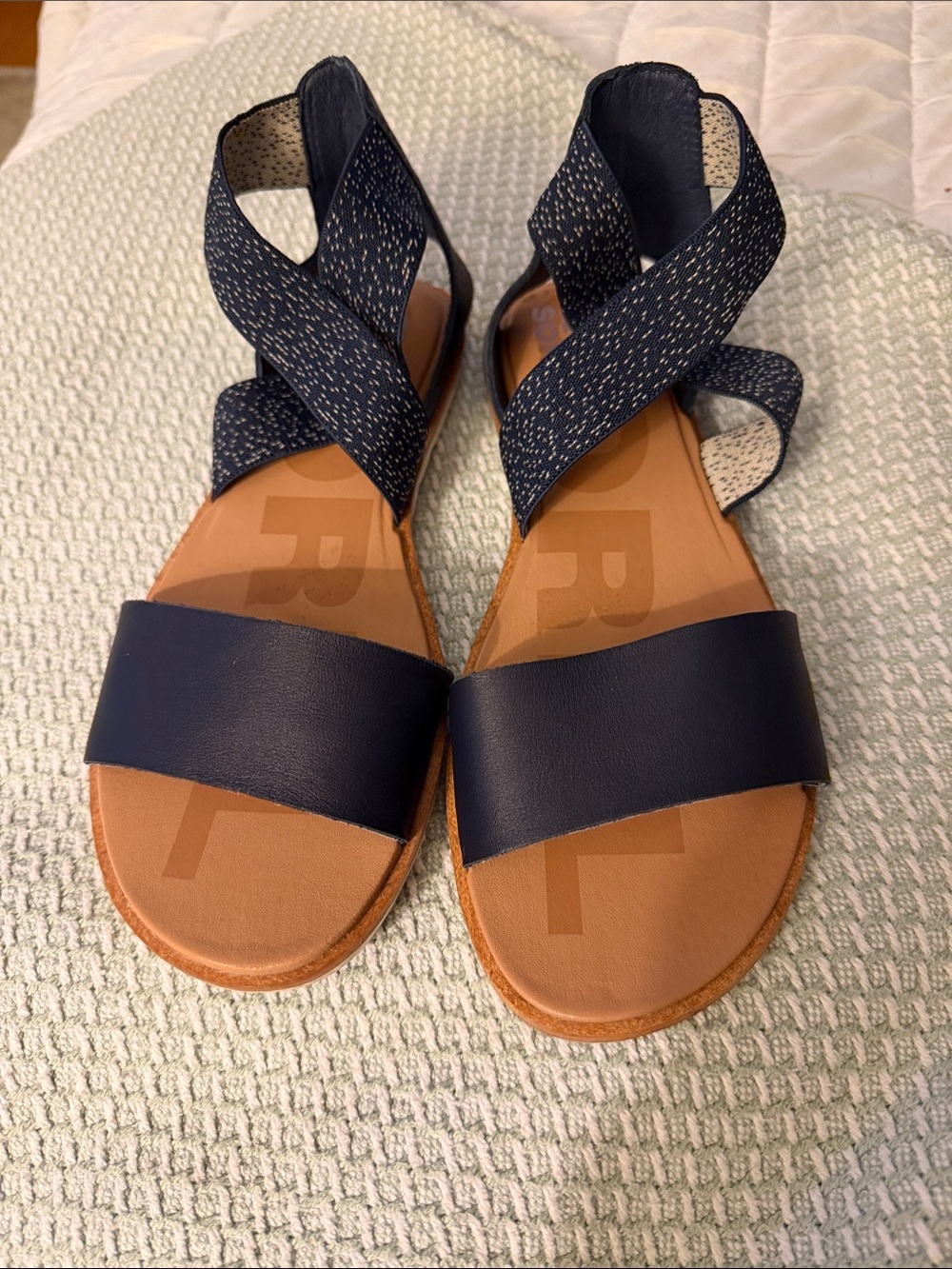 Sorel Navy and Tan Cross-Strap Sandals